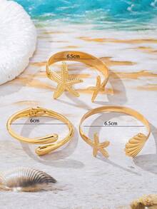 3pcs/Set Minimalist Gold-Tone Beach Vacation Theme Starfish Shell Water Drop Thick Bracelet Set, Suitable For Women, Solid Metal And Zinc Alloy Material - Yellow Gold - View 3