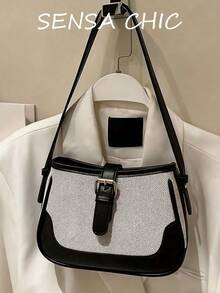 复古撞色单肩包，小众设计腋下钱包，女士搭扣装饰斜挎包 - 黑與白 - 查看 7