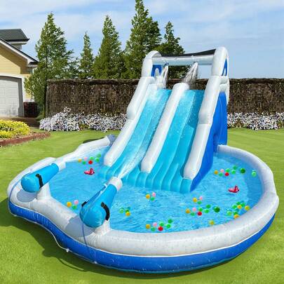 Exciting Blue And White Dual Water Slide Combo With Large Pool And Water Cannon - Ultimate Fun For Summer Water Play(Blue And White ) (Oxford Material)