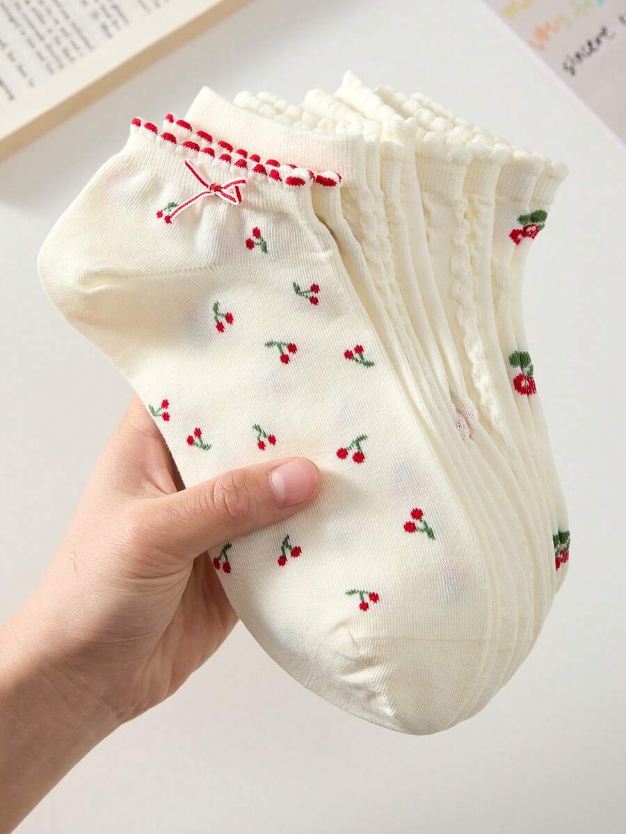 5 Pairs Cherry Pattern Women's White Lace Trim Ankle Socks, Non-Slip Breathable, Suitable For Spring And Summer - White - View 1