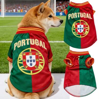 1pc Portugal Pet Cat Dog Soccer Jersey, Red & Green Color Block Design With Print Stripes, Contrast Rib Cuffs, Suitable For All Pets