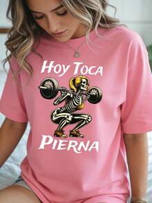 [Lunar Apex]Women's Casual Fitness Graphic-Shirt - Hoy Toca Pierna Skeleton Weightlifting Design, Black Short Sleeve Tee Spring/Summer - 粉色 - 查看 3