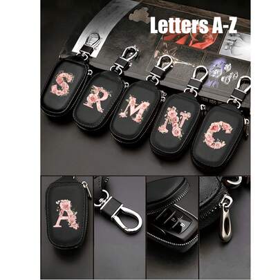 Monedero con cremallera para llaves - Flor elegante con letras rosas, organizador de imitación de cuero PU, organizador multifuncional elegante con letras para hombres y mujeres, portallaves para coche, hogar y oficina. Pequeños artículos - idea de regalo unisex elegante, diseño unisex, accesorio de viaje, joyería elegante, artesanía de calidad, accesorio profesional. Regalo de cumpleaños, regalo de primavera/verano