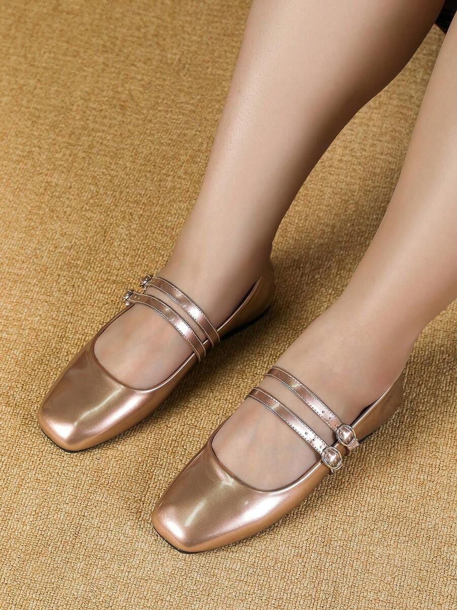 Plus Size Mary Jane Flat Shoes For Women, Retro Buckle Design, Double Strap, Suitable For All Seasons - Champagne Gold - View 1