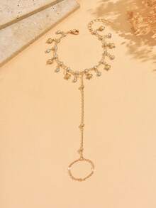 1pc Fashionable Elegant Heart-Shaped Crystal Tassel Finger Chain, Handmade Link Bracelet Jewelry For Women, Suitable For Daily Wear, Shopping, Party, Travel - Gold - View 2