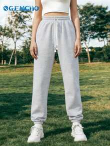 GEMCHO Women's Polyester Sweatpants With Pockets, Knit Fabric With Slight Stretch, Casual Jogging Pants Suitable For All Seasons - Light Grey - View 1