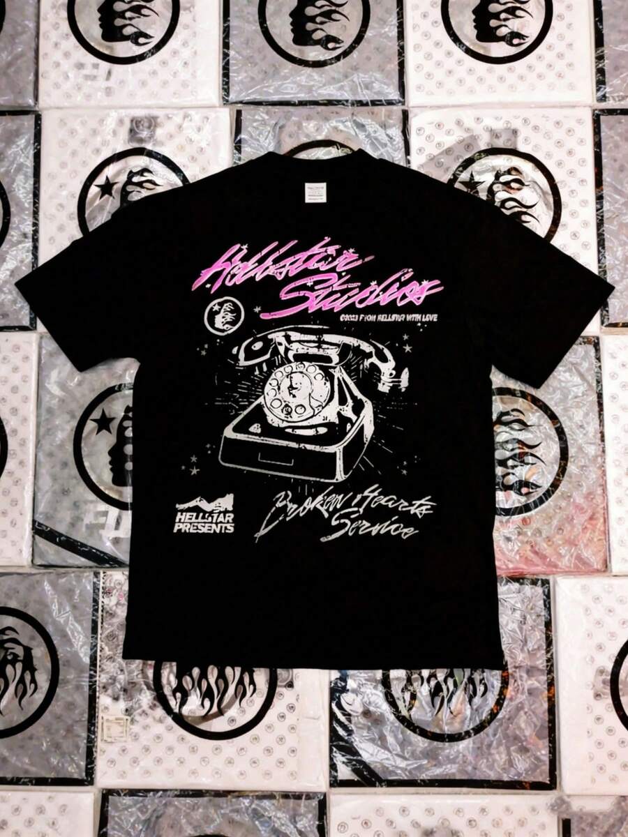 Hellstars Broken Hearts Service Retro Phone Graphic T-Shirt,220g 100% Cotton,Round Neck Short Sleeve,Black Streetwear Essential For Summer Going Out,Unisex Style - 黑色 - 查看 1