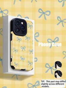 1pc Minimalist Yellow Plaid Bow Pattern Vertical Stripe Faux Leather Soft Protective Phone Case, Suitable As Gift For Friends And Lovers, Compatible With IPhone And 17/17AIR/17PRO/17PROMAX - Multicolor - View 1