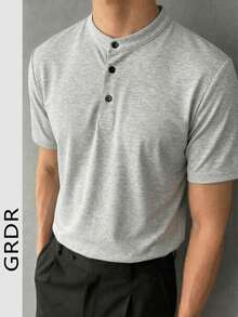 GRDR Men's Classic Solid Color Henley Neck Short Sleeve Shirt, Essential Business Casual Item, Summer Wardrobe Staple - Light Grey - View 5