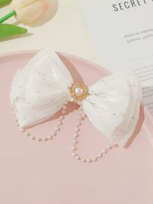 1pc Girls Cute Sweet Multi-Layer Tulle Bow Pearl Tassel Hair Clip - Bow Tie Clip - View 5