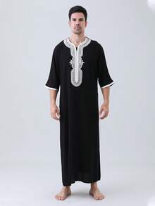 AL HARAMAIN Men's Black Moroccan Style Robe, Featuring Muslim Pattern Embroidered Pocket Decoration, 3/4 Sleeve, Suitable For Festival Formal Wear And Daily Traditional - Black - View 5