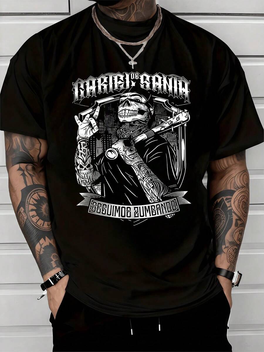 Calavera con actitud desafiante y guitarras cruzadas simboliza la fuerza interior la resistencia ante los desafíos y la pasión por la música urbana camisetas de hombre casual moderna cómoda para uso diario - Negro - Ver 1
