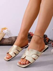 New Spring/Summer Fashion Casual Strap Slide Sandals, Comfortable Flat Heel Round Toe Beach Slippers, Versatile Slip-On Sandals For Women - Gold - View 3