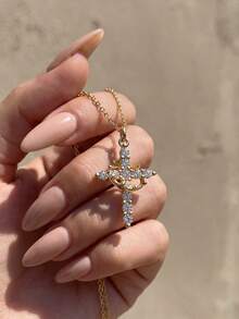 1 pièce Collier vintage en argent sterling 925 avec couronne et croix pour femmes, cadeau d'anniversaire élégant, bijou de luxe minimaliste - Doré - Voir 3