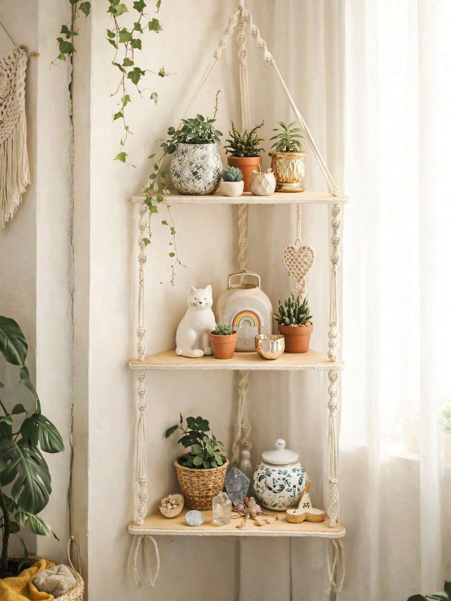 1 chiếc kệ góc treo tường phong cách Bohemian đan tay bằng dây thừng trắng và màu be, giá đựng đồ trang trí cho phòng ngủ, phòng tắm, văn phòng, phòng khách, trang trí nhà cửa, trang trí phòng, trang trí tường, quà tặng sinh nhật/tốt nghiệp.