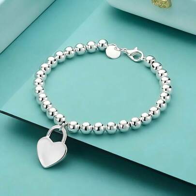 Braccialetto con ciondolo a forma di cuore, catena con perline placcata in argento 925, gioiello di moda per matrimonio e festa, regalo per donne