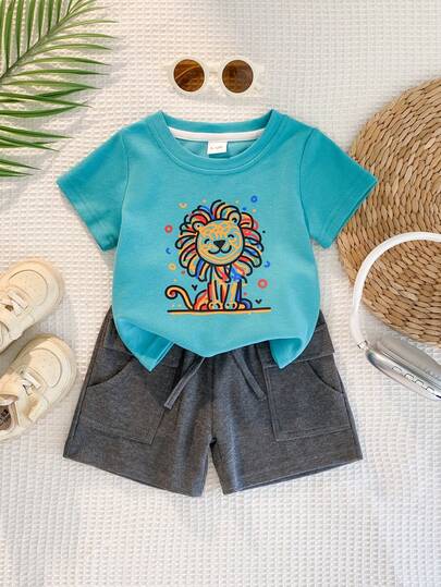 2pcs Infant Boy Outfit, Light Color Short Sleeve T-Shirt With Round Neck, Knitted Texture Fabric Paired With Dark Gray Shorts, Decorated With "Smile" Side Patch