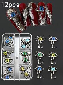 一盒12个邪眼美甲饰品，哥特暗黑风格，包括邪眼、蜘蛛、蝙蝠等图案，Y2K美甲配件，个性化美甲贴纸，DIY美甲宝石，美甲用品 - 彩色 - 查看 10