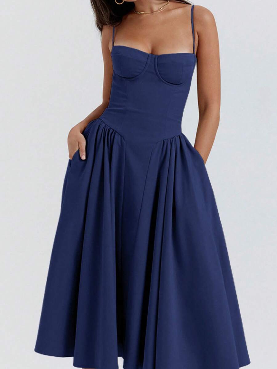 Vestido midi de estilo francés para mujer Elegante vestido de tirantes de color dopamina inspirado en lo vintage para mujer - Azul - Ver 1
