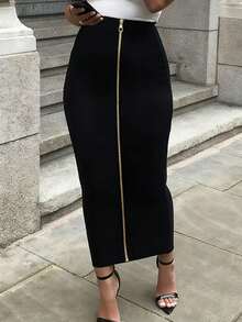 Chân váy bút chì midi màu đen dành cho nữ, khóa kéo phía trước, cạp cao co giãn, phù hợp cho công sở, thường ngày, hẹn hò và dự tiệc mùa xuân. - màu đen - Xem 8