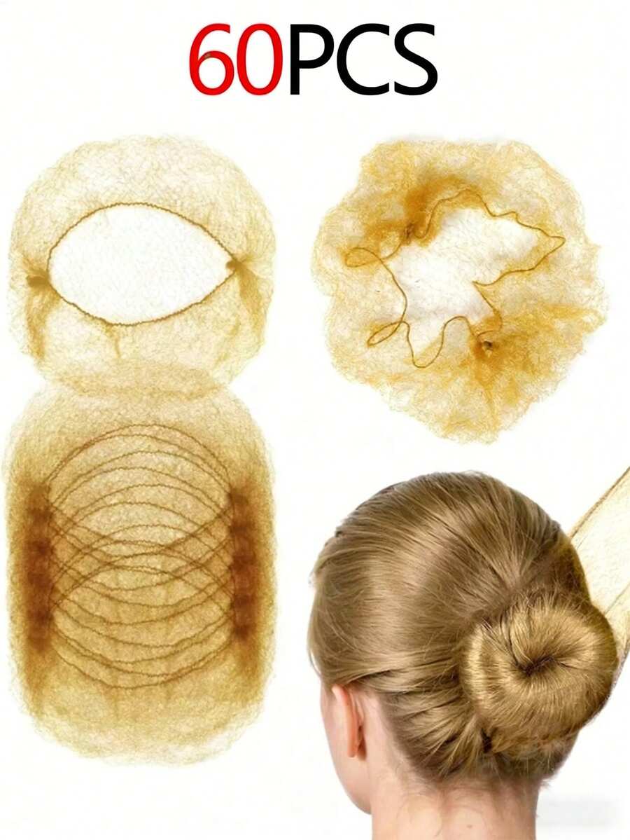 60pcs Light Brown Elastic Hair Nets, Women's Invisible Hair Nets, Suitable For Catering Service, Ballet Buns, Sleeping, Flight Attendants, Nurses, Fine Mesh Bun Cover Hairnets - Light Brown - View 1