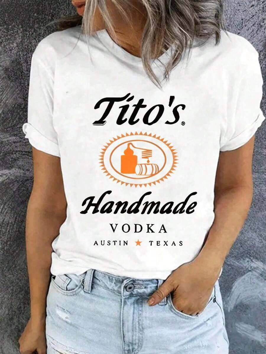 100% Cotton Unisex Tito's Handmade Vodka Graphic T - Shirt - 黑色 - 查看 1