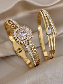 18K镀金不锈钢奢华优雅方形水钻手镯套装，女士适用，送给妈妈的礼物，适合日常佩戴、婚礼、派对、约会、海滩、沙滩饰品、母亲节礼物、情人节礼物、春季、婚礼用品、夏季配饰 - 彩色 - 查看 2