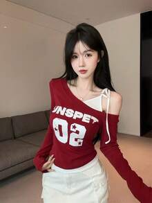 Asymmetric Collar Color Block Long Sleeve T-Shirt, Sweet & Sexy Girl Print Fitted Top For Women, Spring/Summer Red - Red - View 3