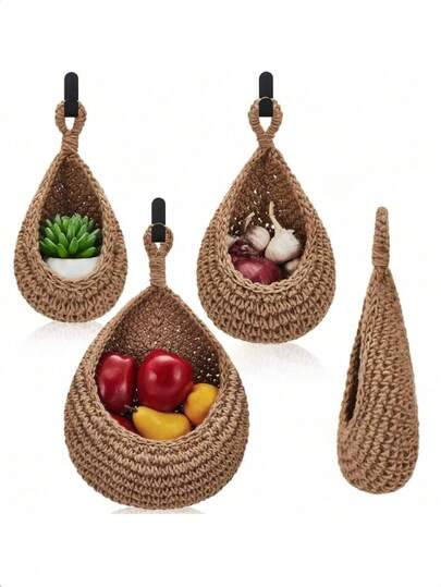Giỏ treo tường đựng rau củ quả (1 cái/3 cái/6 cái), giỏ vải lanh đan thủ công kiểu Bohemian, giỏ treo chậu hoa, túi lưới treo tường hình tổ chim, giỏ treo tường thủ công có vòng, vật dụng thiết yếu đa năng cho nhà bếp, trang trí, trang trí tường, phòng khách, lối vào, quà tặng tân gia và sinh nhật.