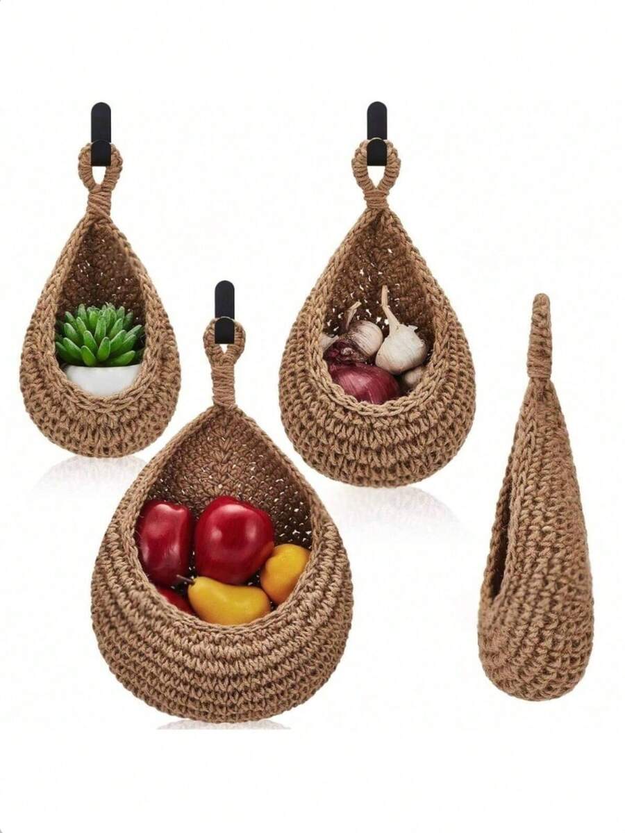 1pc/3pcs/6pcs Hanging Wall Vegetable & Fruit Basket, Bohemian Style Handwoven Linen Basket, Flower Pot Hanging Basket, Bird Nest Wall Hanging Mesh Bag, Handcrafted Wall Hanging Basket With Ring, Versatile Home Essential For Kitchen Storage, Decoration, Wall Decor, Living Room, Entryway, Housewarming & Birthday Gift - Multicolor - View 1