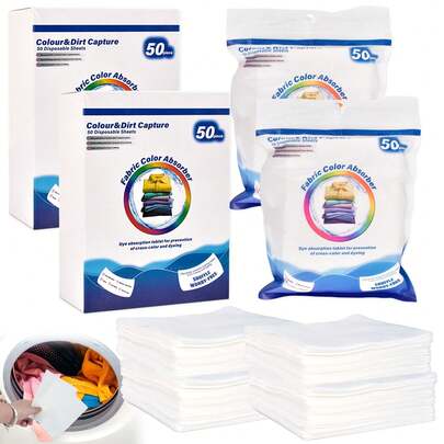 50片装衣物防褪色吸水片，防褪色剂和吸水布，衣物防褪色吸水片，可混洗，防止衣物掉色，保持衣物原色，无纺布材质，居家必备，保持衣物原色，衣物防褪色吸水片，适用于洗衣、旅行、宿舍、被褥等衣物，增强衣物保护，洗衣房必备用品。
