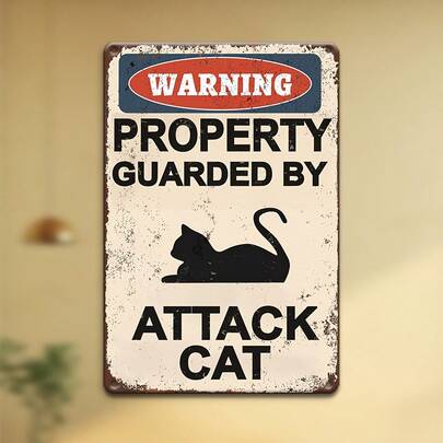 1pc Attack Cat Warning Sign - Classic Outdoor Yard Iron Wall Decor - Multipurpose Hanging Iron Plaque, Suitable For Garage, Porch, Garden, Bedroom, Cafe Or Man Cave - 12x8 Vintage Poster Gift, Suitable For 11 Holidays