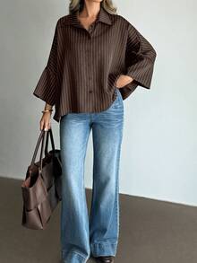 Doriss 宽松条纹蝙蝠袖女式衬衫上衣，棕色，适合万圣节、返校季、正式场合、情人节、秋冬春季穿着。 - 咖色 - 查看 4