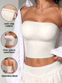 1 pieza Camiseta interior inalámbrica cómoda y sin costuras para mujer, adecuada para usar en casa y al aire libre - Blanco - Ver 3