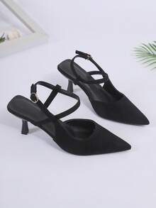 New Women's Black Suede Pointed Toe Criss-Cross Strap, Open Back Mid-Heel Sandals, Elegant Office Shoes - Black - View 6