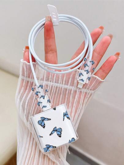 4pcs Set Cute Blue Butterfly Phone Charger Protector Case, Data Cable Organizer Accessories - 20W/18W Charger Adapter, Adapter Head Cover, Compatible With IPhone 11/12/13/14/15/16/13 Pro Max/16 Pro Max/17 Pro Max