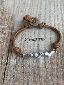 1 件复古经典波西米亚皮革绳金属心形手链，情侣礼物，海滩度假旅行日常服装配饰 - 棕色 - 查看 3