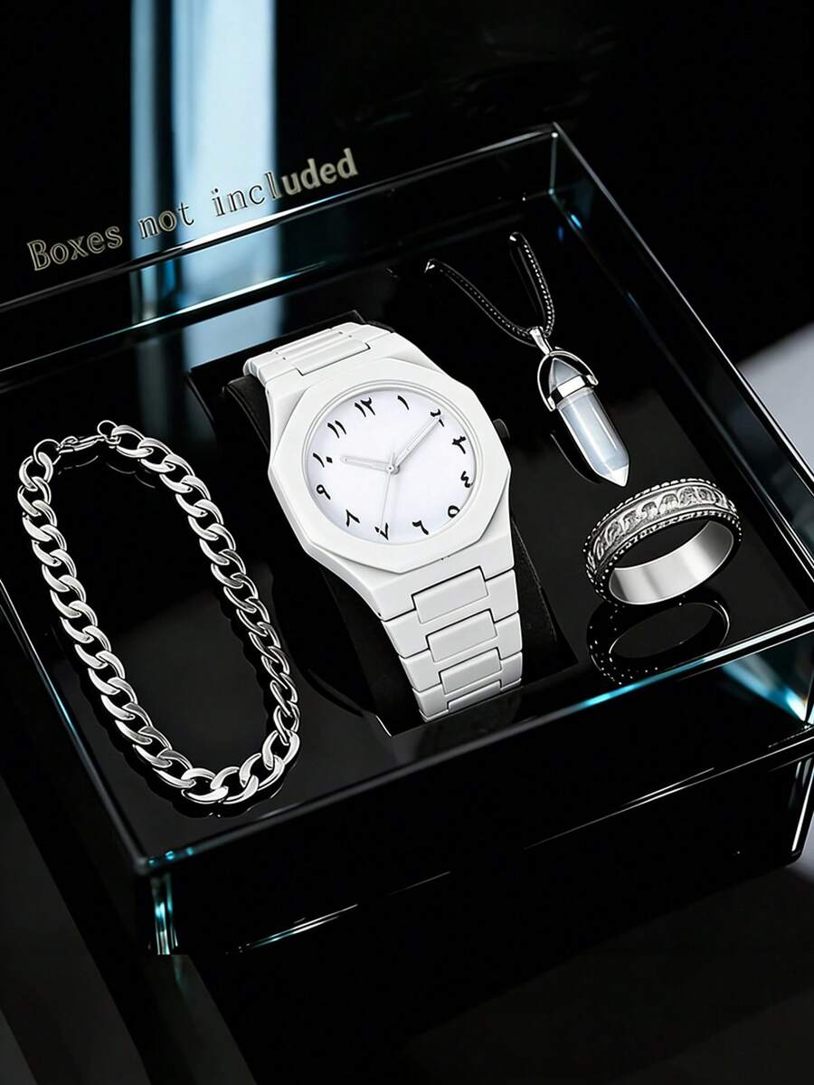 Montre à quartz décontractée avec collier pendentif, bracelet et bague, convient aux étudiants, à la rentrée scolaire, aux fêtes et aux voyages, à la tenue quotidienne, à l'anniversaire, à la remise des diplômes, cadeau de Noël pour les adolescents. Boîtier en plastique, sans boîte incluse. - Blanc - Voir 1