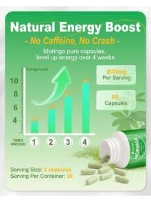 Moringa Capsules – 800mg Pure Moringa Powder Supplement – 60 Capsules For Natural Energy, Immune System, Skin & Gut Health Support, Green Antioxidant Superfood, Essential Vitamins & Amino Acids - 1 - 查看 5