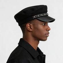 Men Women Felt Beret Hat Stylish Decorative Chain Flat Top Front Wide Brim Painters Cap - 黑色 - 查看 2