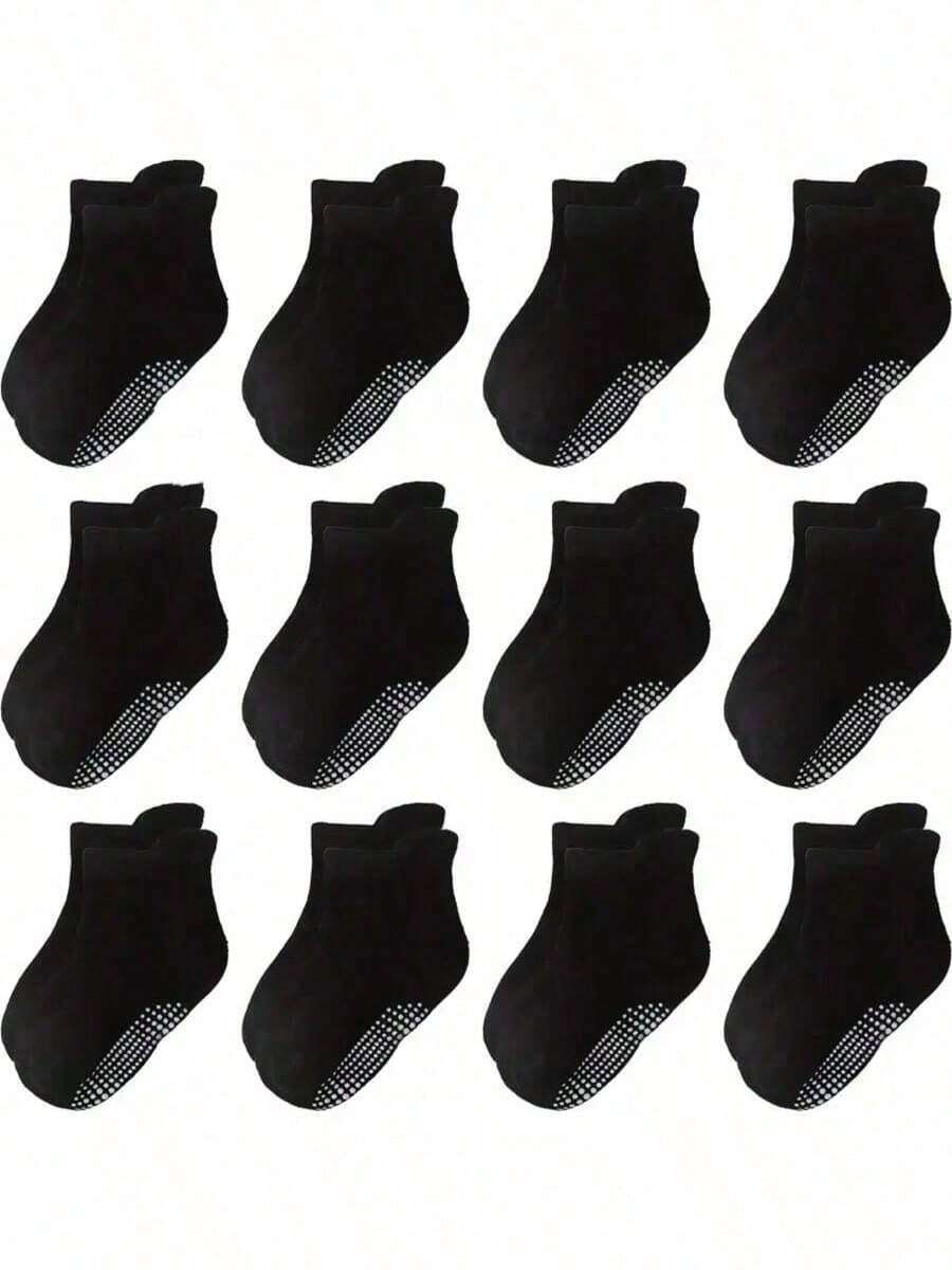 12 Pairs Kids Anti-Slip Heel Tab Ankle Socks, Toddler Solid Color Dot Grip Floor Socks - Multicolor - View 1