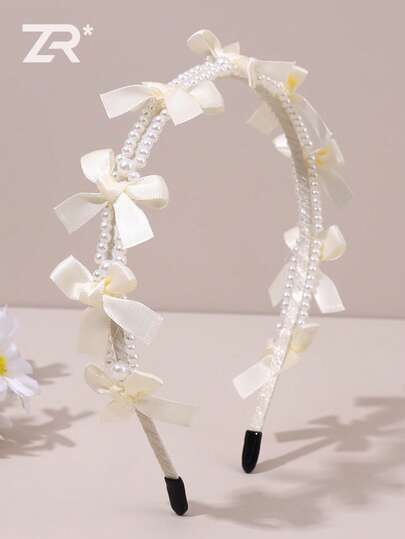 1pc Women Elegant Fashion Beige Pearl Bow Headband,Wedding Party Hair Band Princess Hair Accessory