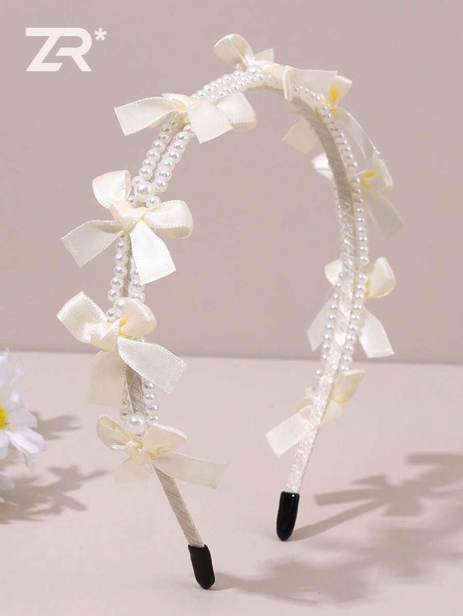 1件装 女士优雅时尚 米色珍珠蝴蝶结发箍，婚礼派对发带 公主发饰 - 米色 - 查看 1