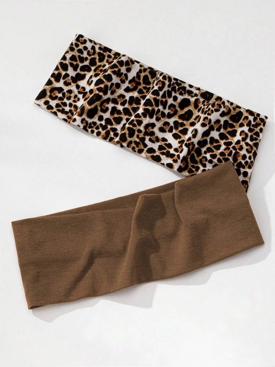 2条/套 豹纹柔软防滑发带，弹力瑜伽运动头巾，百搭日常佩戴，适合各种场合 夏季发饰 海滩度假发带 - 彩色 - 查看 1