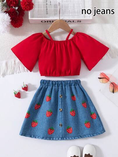 两件套少女休闲纯色露肩短袖上衣搭配松紧腰水果印花短裙，牛仔布质感面料，适合日常穿着、居家和外出，夏季适用