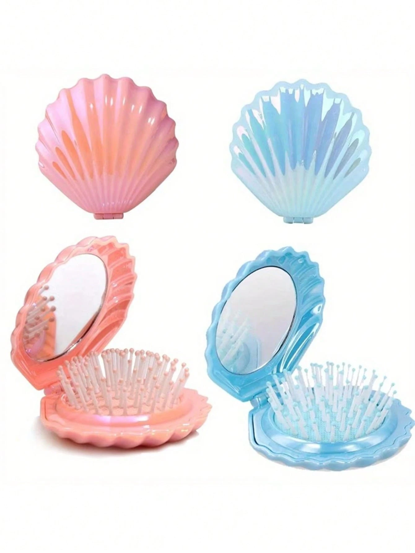 1pc Foldable Shell-Shaped Travel Handheld Mirror Comb, With Mirror, Wet & Dry Use, Portable Makeup Mirror Comb, Comb, Hairstyling Tool, Salon Hairdressing Product And Accessory, Beauty Travel Essential, Back To School, Travel Holiday Must-Have, Women Hairstyling Accessory - Royal Blue - View 1