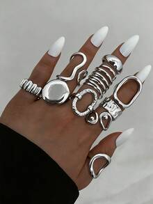 10pcs/Set Vintage Elegant Bohemian Gothic Style Silver Rings, Containing Hollow Asymmetrical Geometric Teardrop Open Stacking Multi-Element Design Rings, Suitable For Daily, Party, Date, Holiday Wear, Gift - Silver - View 2