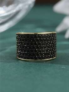 Vintage Luxury Wide Band Women's Ring. This Elegant Black Ring Is Inlaid With Synthetic Zirconia, Making It A Perfect Choice For Festivals, Parties, And Gift-Giving. - Golden - View 4