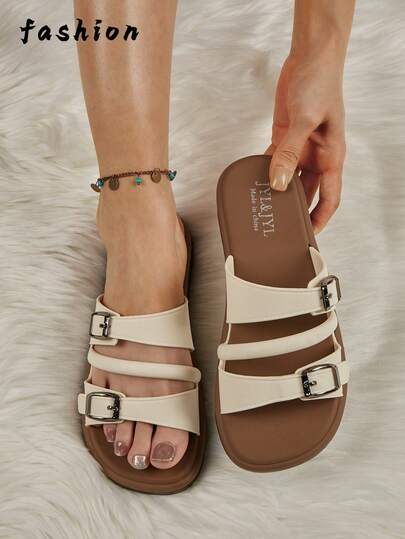 新款春夏女士时尚休闲双带可调节透气防滑沙滩/居家/办公/步行拖鞋，杏色撞色搭配