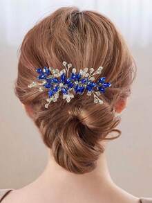 1pc Crystal & Rhinestone Decor Bridal Bridesmaid Hair Comb, Luxurious Hair Accessory For Wedding, Banquet, Party - Royal Blue - View 2